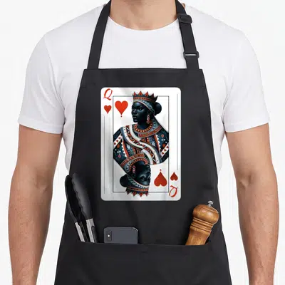 Deck queen apron - Realistic black queen playing card with red hearts and Q in corners — shown on a black cotton canvas apron against a white background