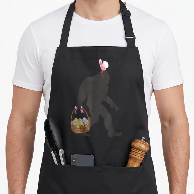 Bigfoot easter apron - Dark grey Bigfoot silhouette wearing pink bunny ears and holding a basket of colorful Easter eggs — shown on a black cotton canvas apron against a white background