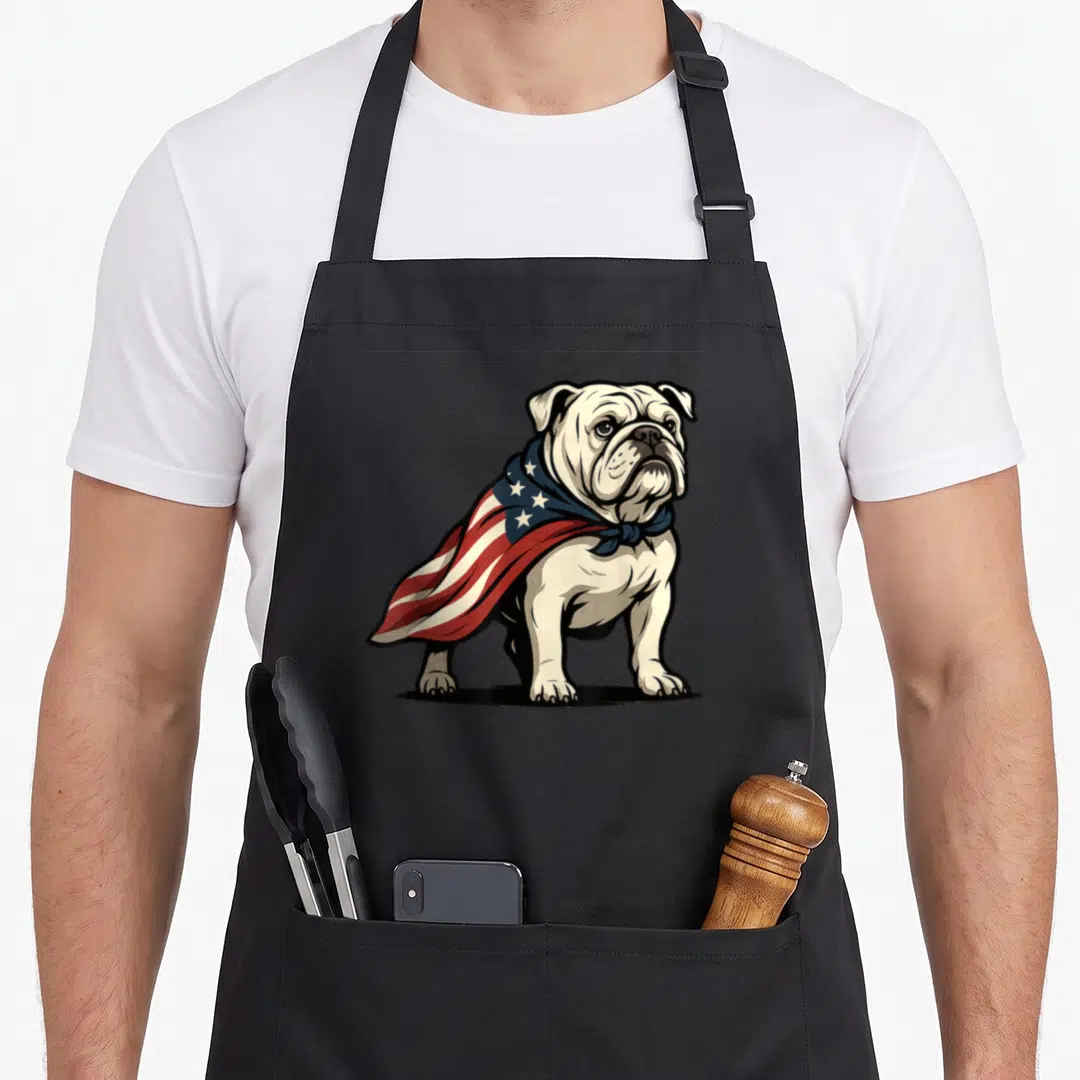 Patriotic bulldog 4th of july apron - Cartoon bulldog standing with American flag cape in red white and blue — shown on a black cotton canvas apron against a white background