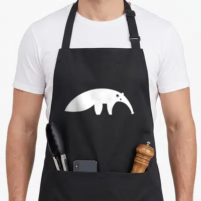 Funny anteater apron - White minimalist anteater silhouette centered on grey background — shown on a black cotton canvas apron against a white background