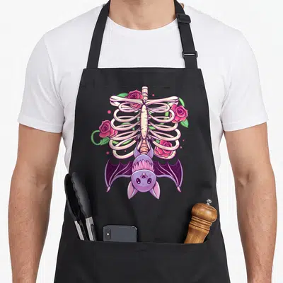 Rib goth apron - Purple bat hanging from off-white ribcage with pink roses and green leaves — shown on a black cotton canvas apron against a white background