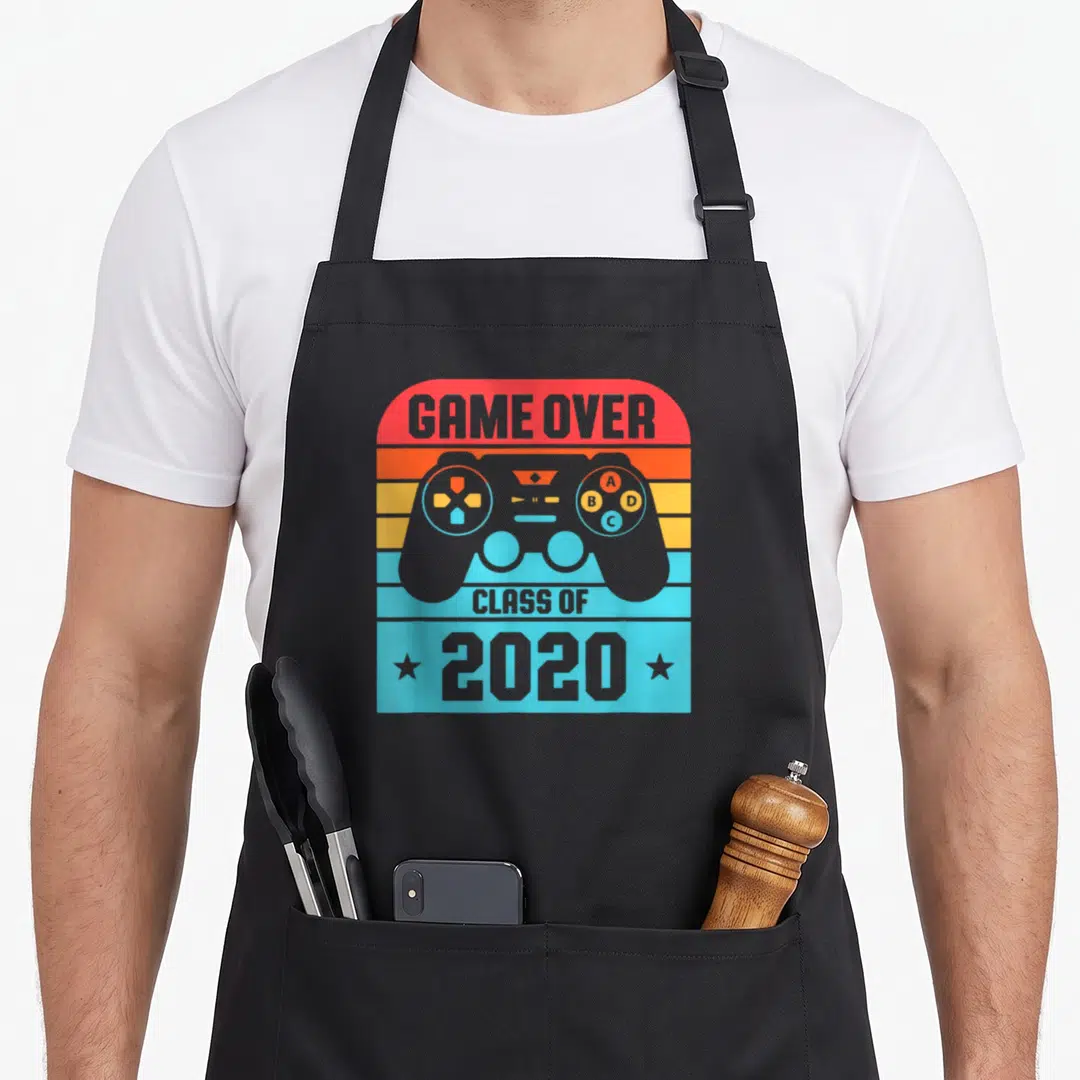 Student game aprons - Retro controller GAME OVER Class of 2020 striped design — shown on a black cotton canvas apron against a white background
