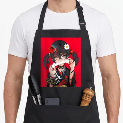 Japanese otaku anime apron - Anime girl holding white bone with red and white flowers in black hair on red background — shown on a black cotton canvas apron against a white background