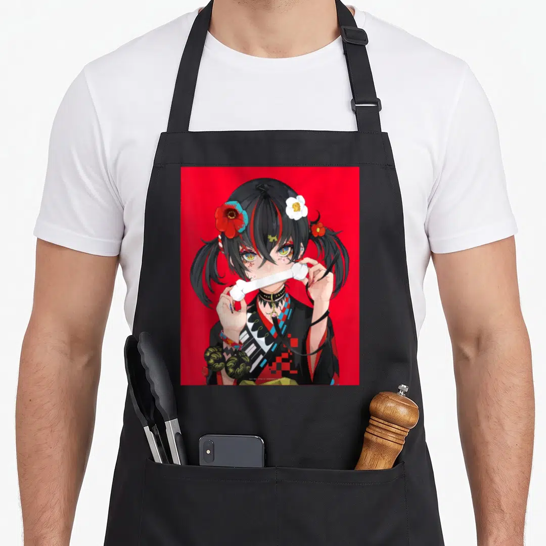 Japanese otaku anime apron - Anime girl holding white bone with red and white flowers in black hair on red background — shown on a black cotton canvas apron against a white background