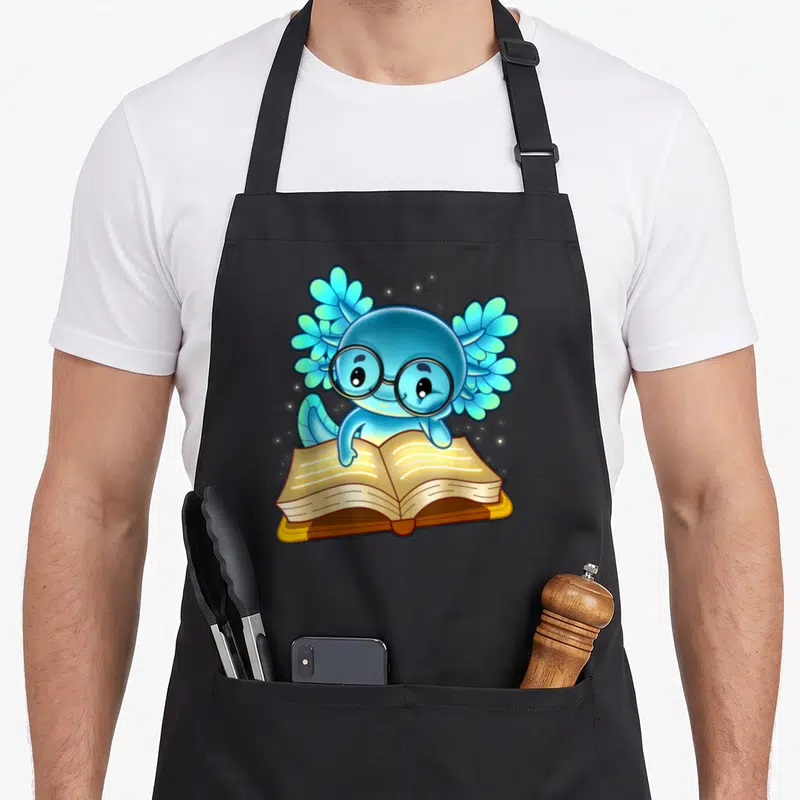 Read mexican apron - Blue cartoon axolotl with black glasses resting paws on an open glowing book — shown on a black cotton canvas apron against a white background