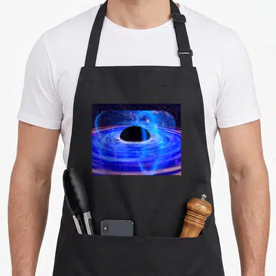 Hole teacher apron - Realistic black hole with blue and purple accretion disk on starry background — shown on a black cotton canvas apron against a white background