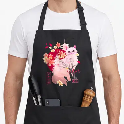 Blossom japan apron - Pink cat in front of red sun with cherry blossoms and Chinese text boxes — shown on a black cotton canvas apron against a white background