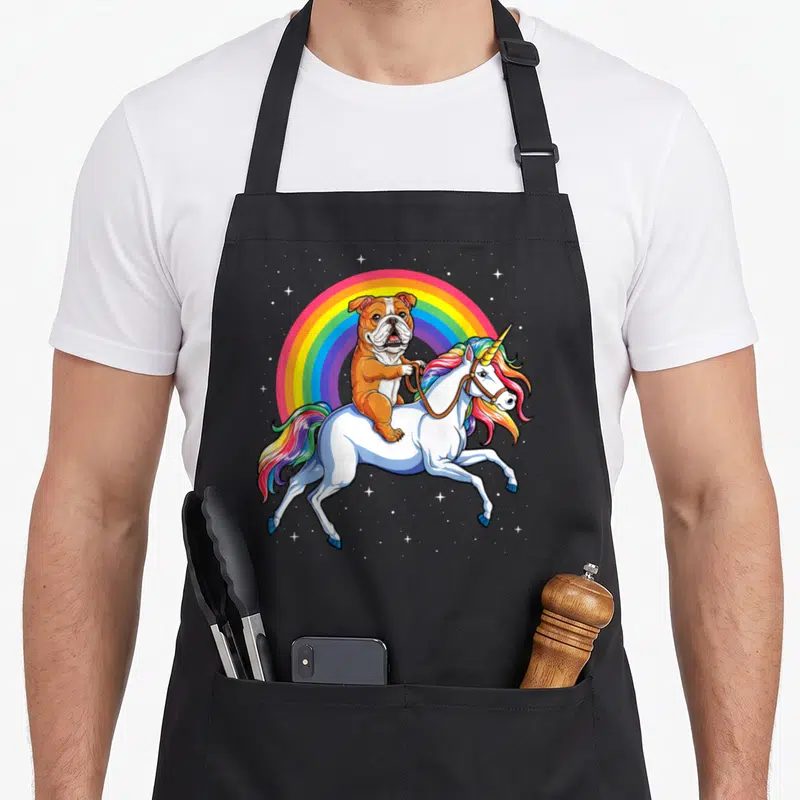 Galaxy english chef aprons - Brown bulldog riding white unicorn with rainbow mane and tail under an arch of colorful — shown on a black cotton canvas apron against a white background