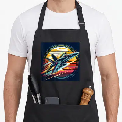 F18 aviation apron - Retro fighter jet with ST text over striped sun background — shown on a black cotton canvas apron against a white background
