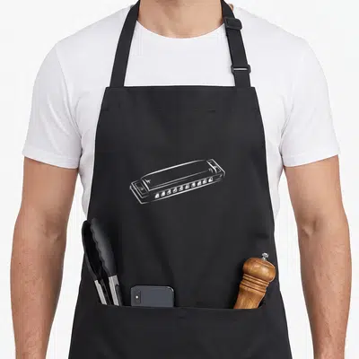 Funny harmonica apron - White line-art sketch of a harmonica centered on grey background — shown on a black cotton canvas apron against a white background