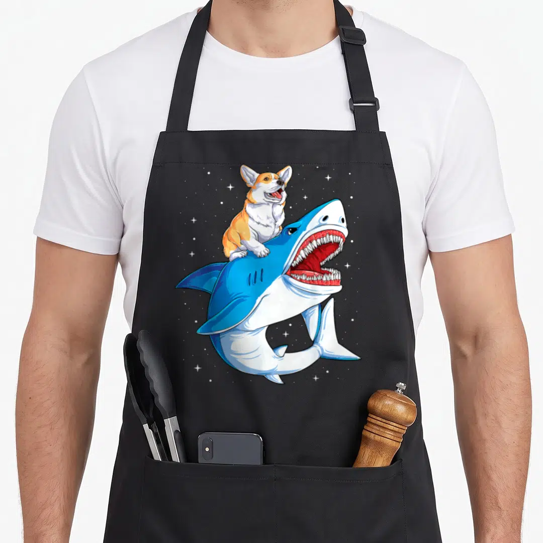 Shark corgi apron - Cartoon corgi riding blue shark with open mouth and white stars — shown on a black cotton canvas apron against a white background