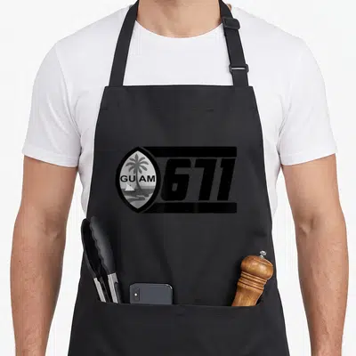 School guam aprons - Minimalist Guam logo with 671, palm tree, and sailboat in black and grey — shown on a black cotton canvas apron against a white background