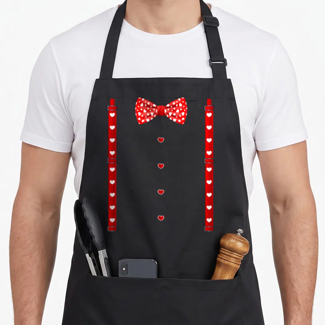Tie bow apron - Red bow tie with white hearts and matching suspenders flanking four vertical hearts — shown on a black cotton canvas apron against a white background
