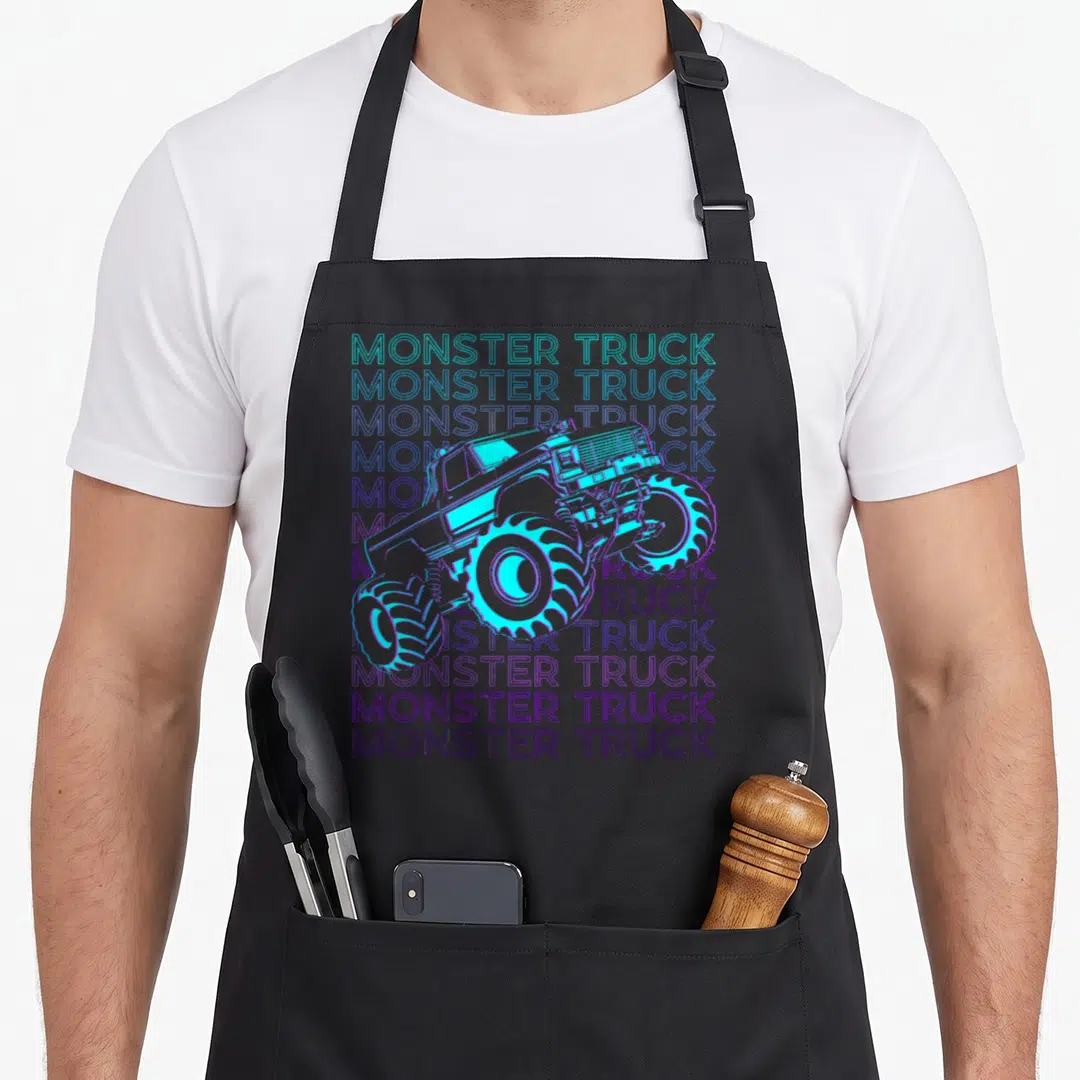 Cool monster truck apron - Retro monster truck illustration over ten stacked text lines in cyan and purple outlines — shown on a black cotton canvas apron against a white background