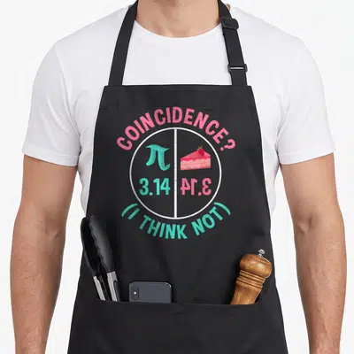 Celebrated pie apron - Circle with teal pi symbol, pink pie slice, and text COINCIDENCE? 3.14 I THINK NOT — shown on a black cotton canvas apron against a white background
