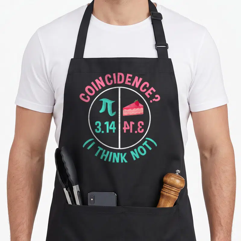 Celebrated pie apron - Circle with teal pi symbol, pink pie slice, and text COINCIDENCE? 3.14 I THINK NOT — shown on a black cotton canvas apron against a white background