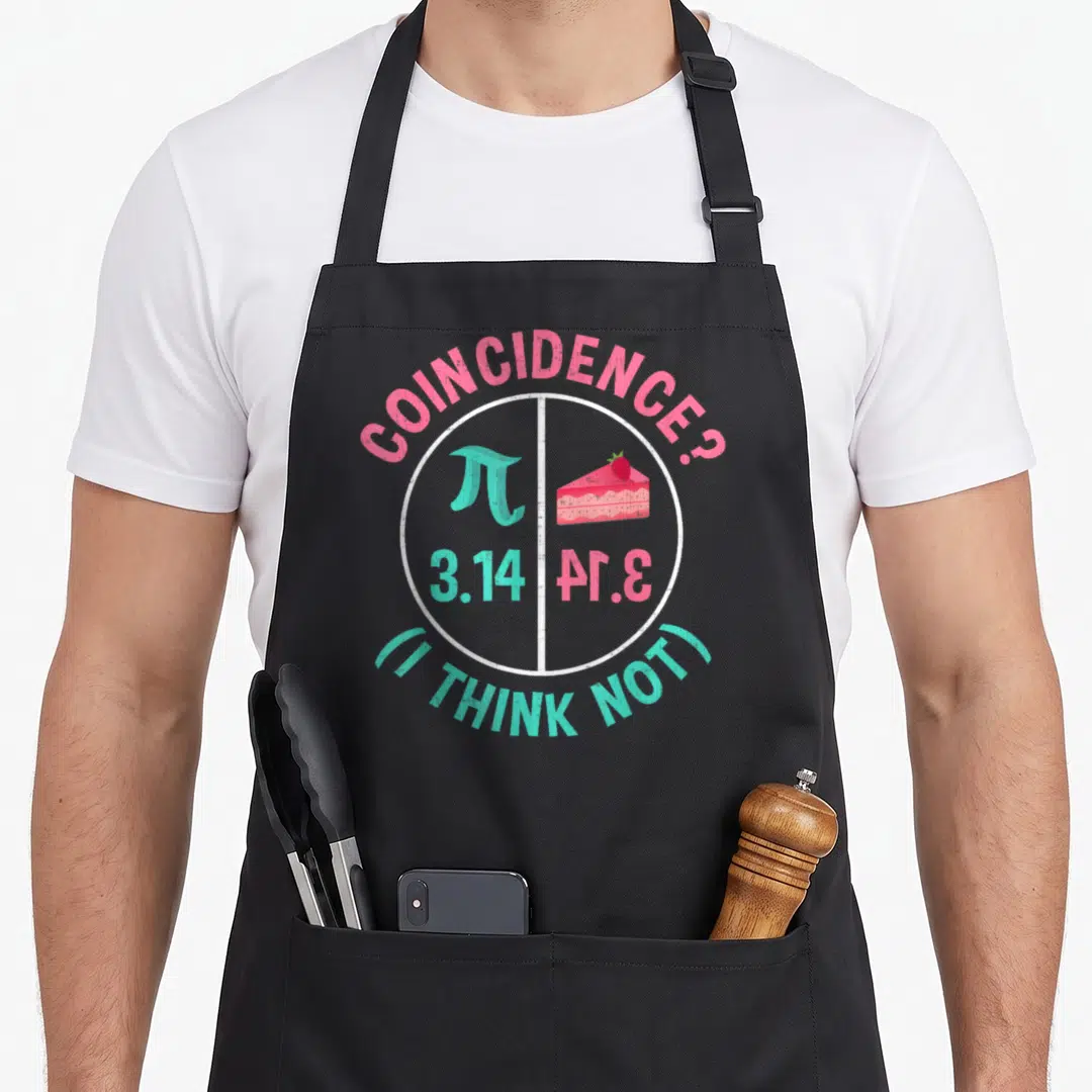 Celebrated pie apron - Circle with teal pi symbol, pink pie slice, and text COINCIDENCE? 3.14 I THINK NOT — shown on a black cotton canvas apron against a white background