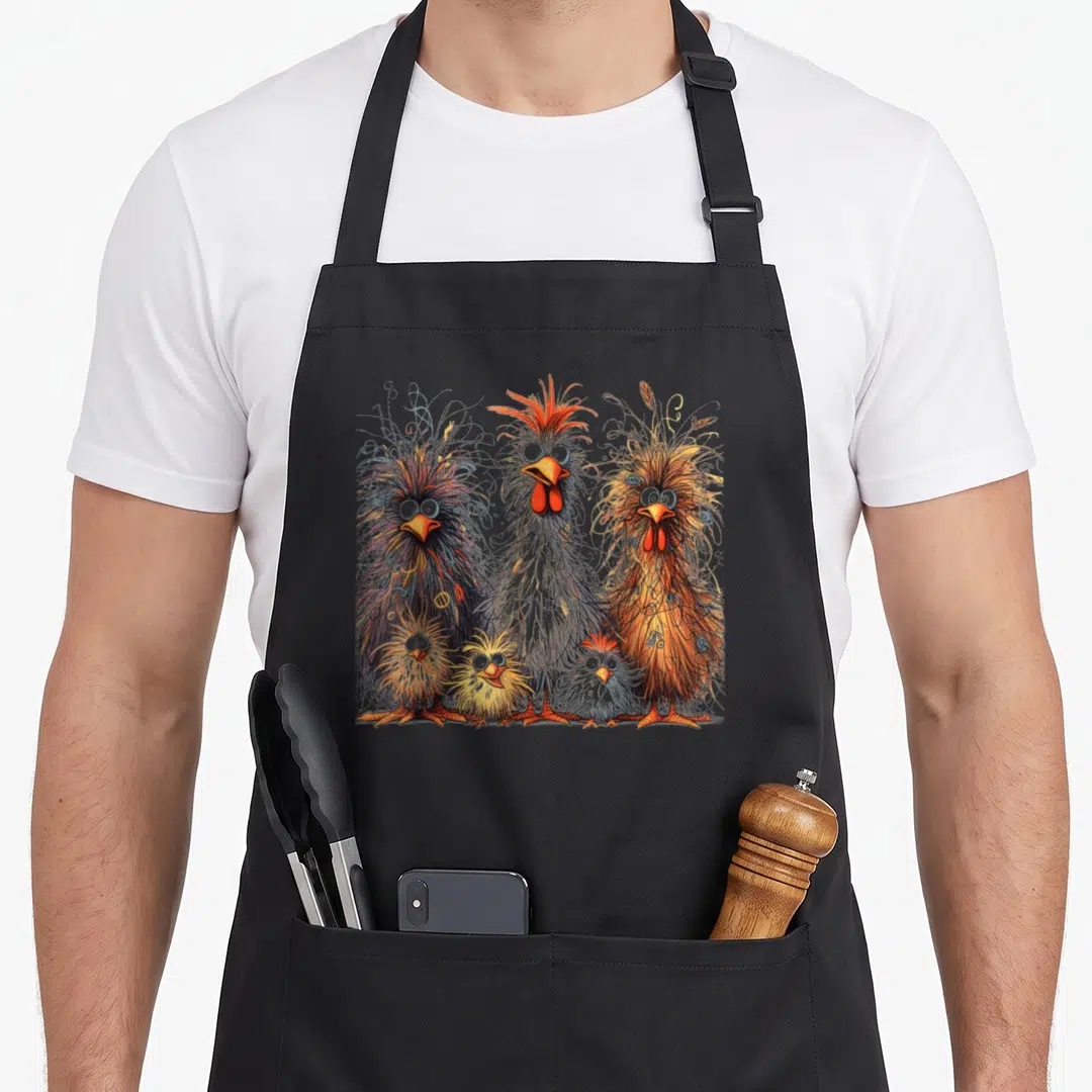 Eagerly chicken apron - Six cartoon chickens in grey, orange, and brown with three large and three small birds — shown on a black cotton canvas apron against a white background