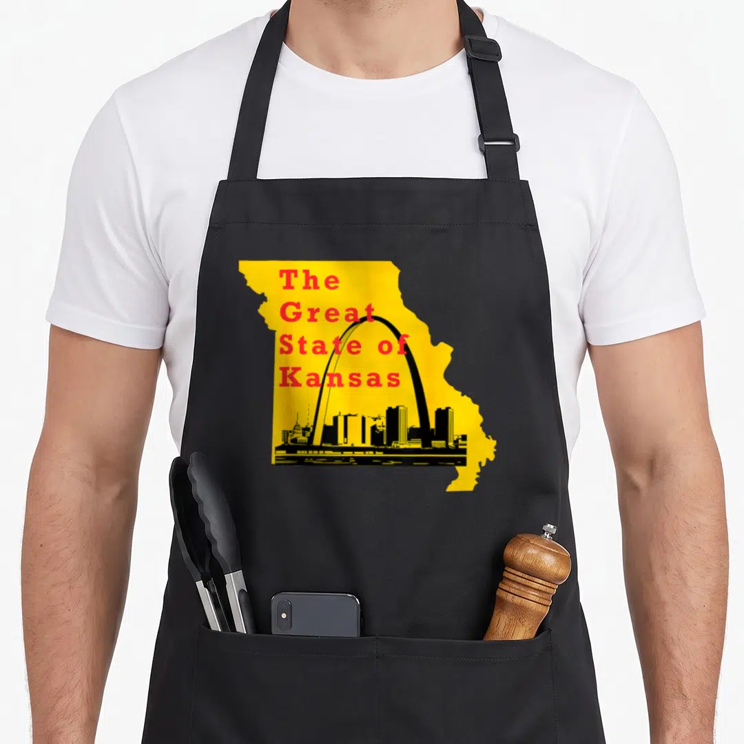 State missouri river apron - Yellow Missouri map with red The Great State of Kansas text and black Gateway Arch — shown on a black cotton canvas apron against a white background