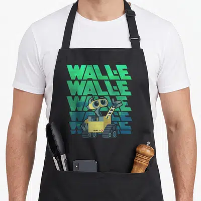 Robot e.a apron - WALL-E robot centered before five stacked WALLE text lines in green and blue-grey cartoon style — shown on a black cotton canvas apron against a white background