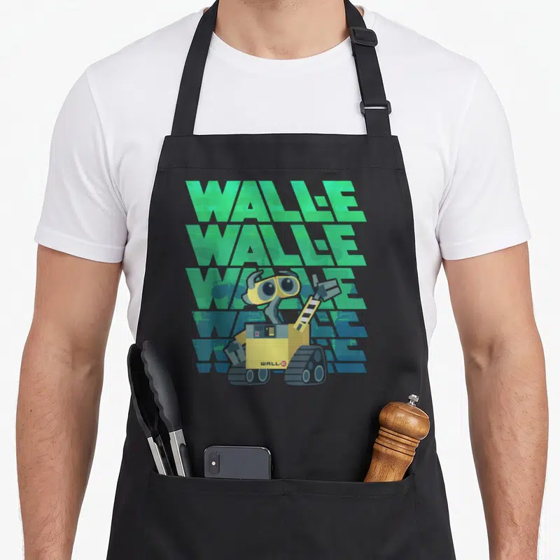 Robot e.a apron - WALL-E robot centered before five stacked WALLE text lines in green and blue-grey cartoon style — shown on a black cotton canvas apron against a white background