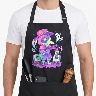 Doctor goth apron - Pastel plague doctor holding lantern between tombstones marked RIP with floating ghosts — shown on a black cotton canvas apron against a white background