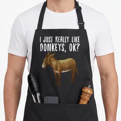 Mule farming apron - Realistic brown donkey standing below white text reading I JUST REALLY LIKE DONKEYS OK — shown on a black cotton canvas apron against a white background