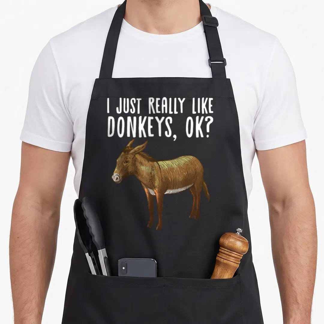 Mule farming apron - Realistic brown donkey standing below white text reading I JUST REALLY LIKE DONKEYS OK — shown on a black cotton canvas apron against a white background