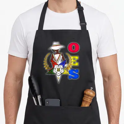 Star ring apron - Cartoon woman in sash over five-pointed star with OES letters and gold wreaths — shown on a black cotton canvas apron against a white background