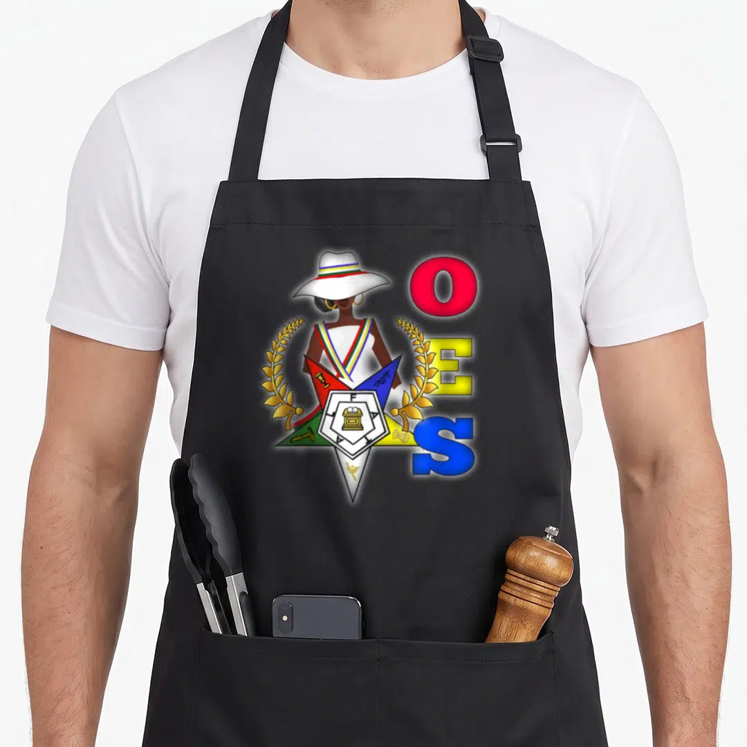 Star ring apron - Cartoon woman in sash over five-pointed star with OES letters and gold wreaths — shown on a black cotton canvas apron against a white background