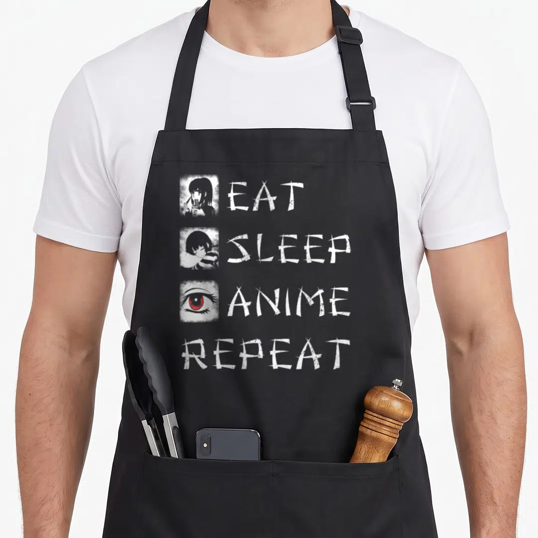 Sleep repeat anime apron - Stacked EAT SLEEP ANIME REPEAT text with girl eating, sleeping, and red eye illustrations — shown on a black cotton canvas apron against a white background