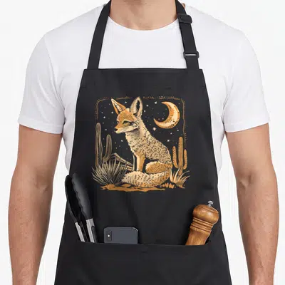 Desert animal apron - Tan fox sitting among cacti and grass under a crescent moon inside a dotted square frame — shown on a black cotton canvas apron against a white background