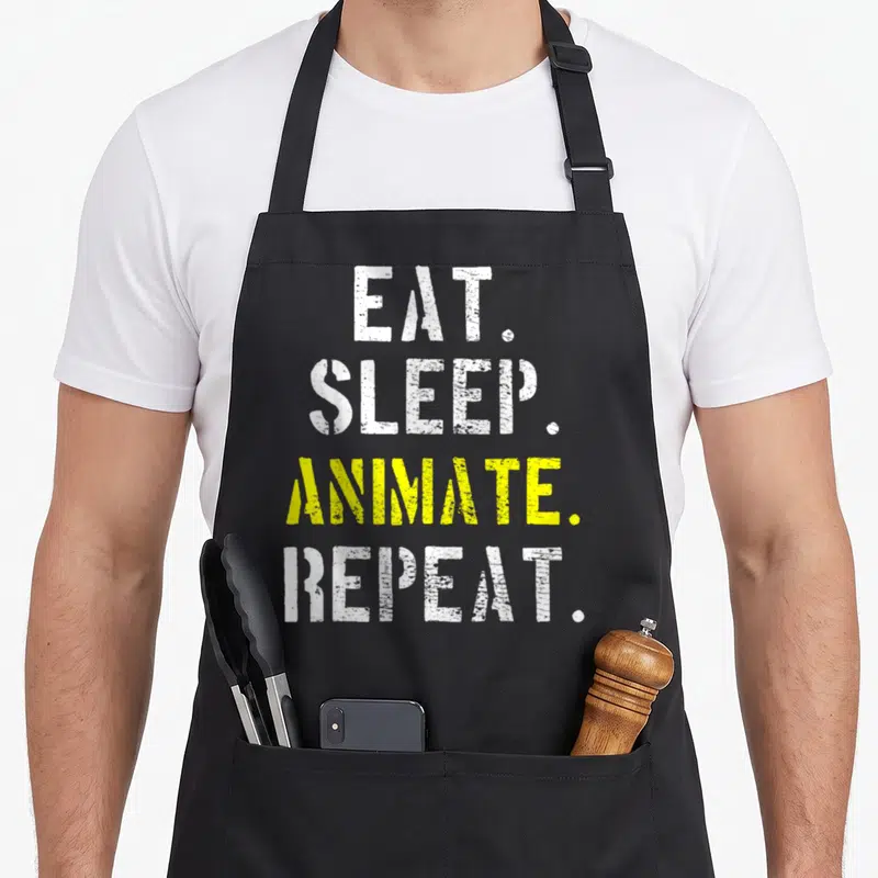 Funny animator animation apron - Distressed white and yellow stacked text reading EAT. SLEEP. ANIMATE. REPEAT — shown on a black cotton canvas apron against a white background