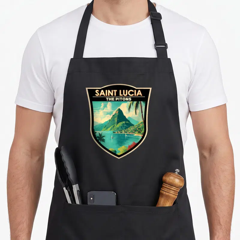 Saint travel aprons - Retro shield illustration of green Pitons mountains and teal sea with sailboats — shown on a black cotton canvas apron against a white background