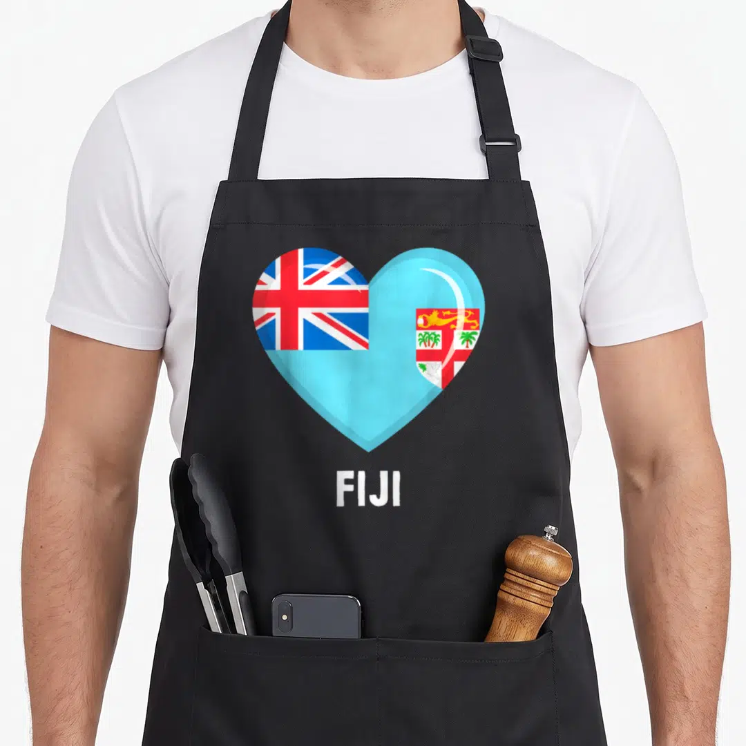 Jersey fiji apron - Heart shape filled with Fiji flag colors above white FIJI text — shown on a black cotton canvas apron against a white background