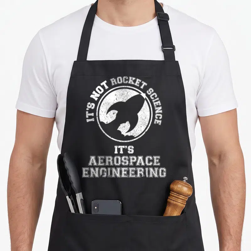Rocket science apron - White distressed rocket silhouette and aerospace engineering text on black background — shown on a black cotton canvas apron against a white background