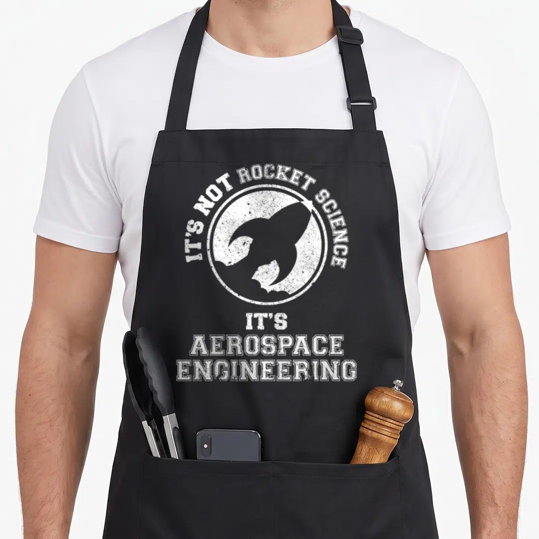 Rocket science apron - White distressed rocket silhouette and aerospace engineering text on black background — shown on a black cotton canvas apron against a white background