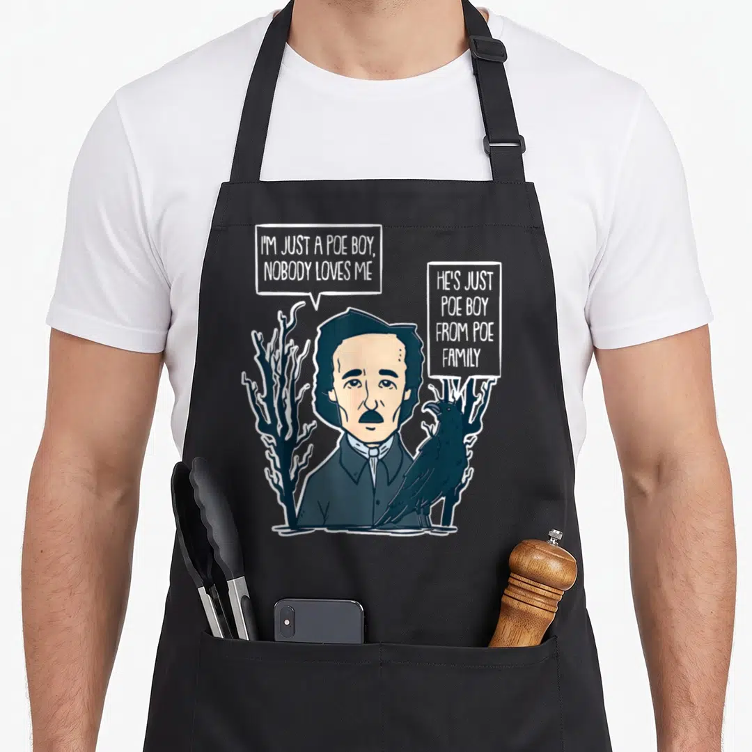 Allan gothic apron - Cartoon Edgar Allan Poe with raven and speech bubble pun on dead trees — shown on a black cotton canvas apron against a white background
