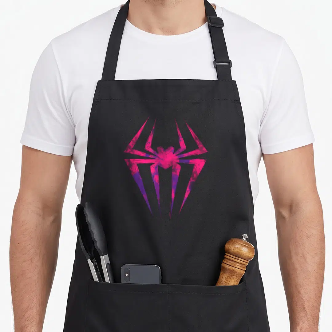 Across animal apron - Stylized pink and purple spider logo on black apron — shown on a black cotton canvas apron against a white background