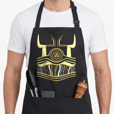 3po halloween apron - Gold helmet with horns and multicolored wires in cartoon style — shown on a black cotton canvas apron against a white background