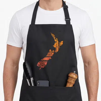 Culture new zealand apron - Orange map of New Zealand filled with tribal patterns — shown on a black cotton canvas apron against a white background