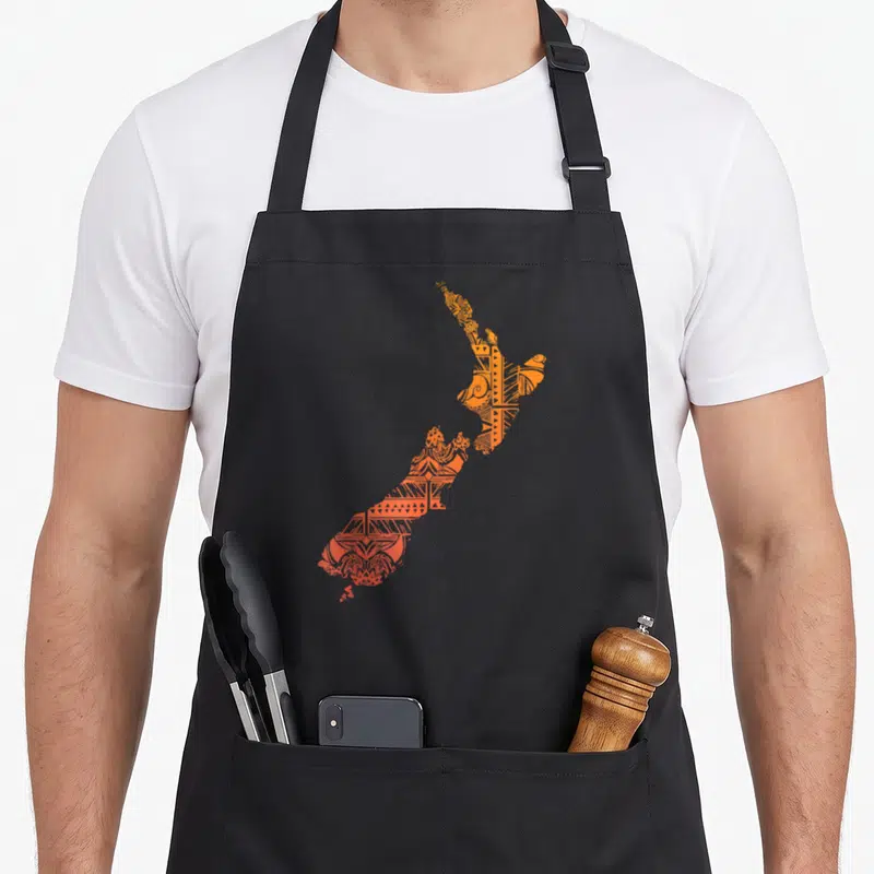 Culture new zealand apron - Orange map of New Zealand filled with tribal patterns — shown on a black cotton canvas apron against a white background