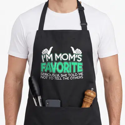 Seriously i love ribs apron - Green and white text reading I'm Mom's Favorite with two pointing hands above — shown on a black cotton canvas apron against a white background