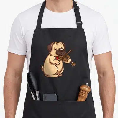 Violinist dog apron - Tan cartoon pug sitting playing brown violin with red bow tie — shown on a black cotton canvas apron against a white background