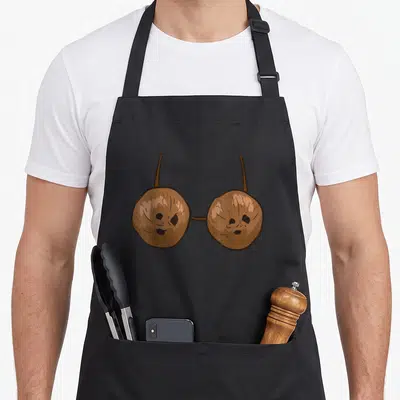Coconut halloween apron - Cartoon brown coconut halves connected by a strap forming a bra shape — shown on a black cotton canvas apron against a white background