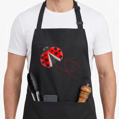 Nature ladybird apron - Cartoon ladybug with red wings opening to form a red dashed heart shape — shown on a black cotton canvas apron against a white background