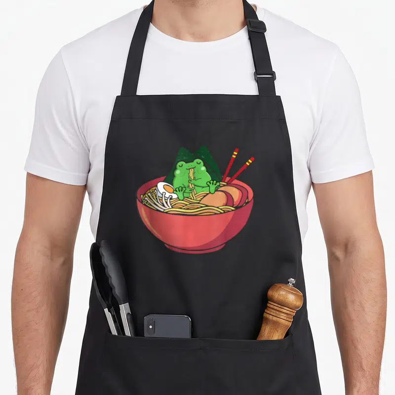 Eating frog aprons - Green cartoon frog sitting in red ramen bowl with seaweed and chopsticks — shown on a black cotton canvas apron against a white background