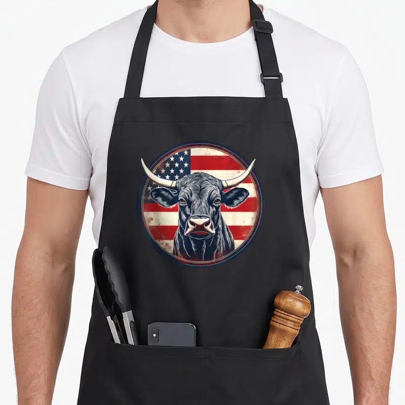 Distressed western aprons - Realistic bull head centered on distressed red white blue US flag inside circular border — shown on a black cotton canvas apron against a white background