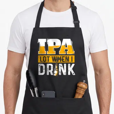 Ipa lot beer apron - Distressed IPA text with beer bottle graphic and yellow rectangle containing pun text — shown on a black cotton canvas apron against a white background