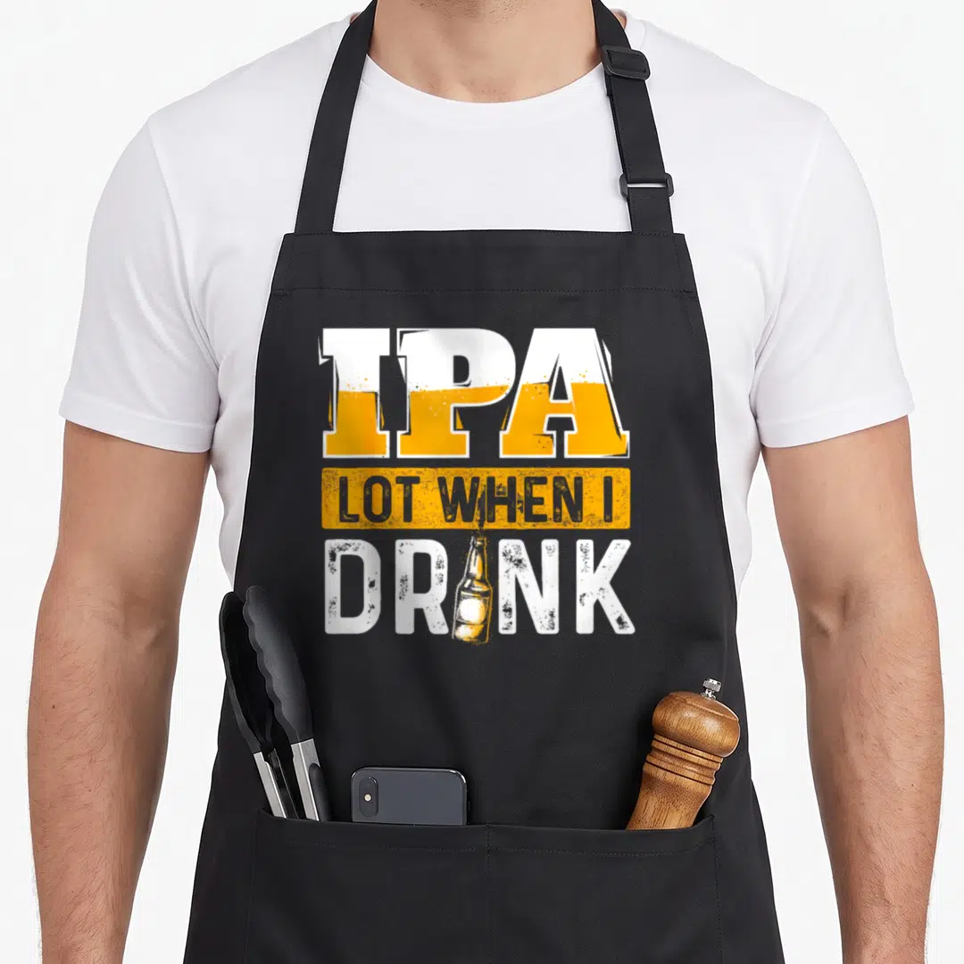 Ipa lot beer apron - Distressed IPA text with beer bottle graphic and yellow rectangle containing pun text — shown on a black cotton canvas apron against a white background